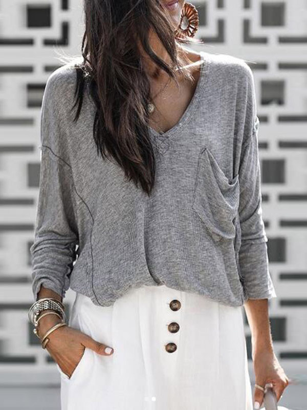 Grey V Neck Kntted Top