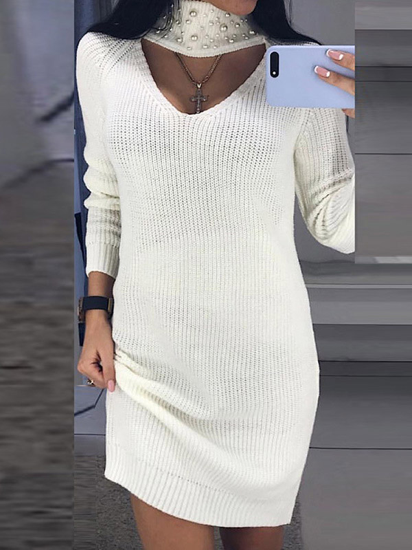 White Beaded High Neck Cutout Mini Dress