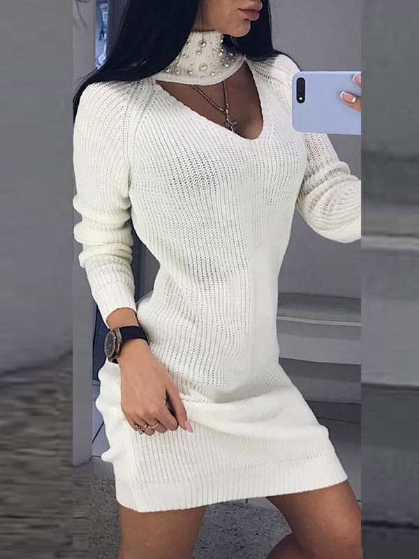 White Beaded High Neck Cutout Mini Dress