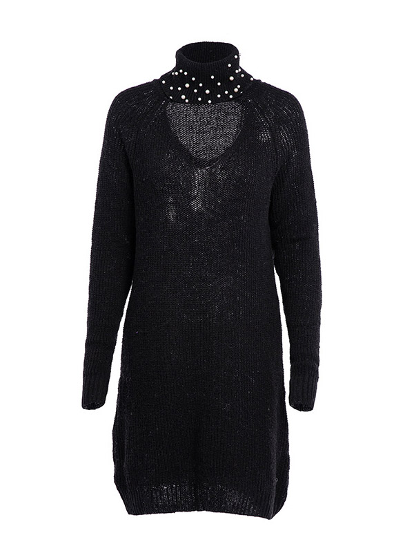 Black Beaded High Neck Cutout Mini Dress