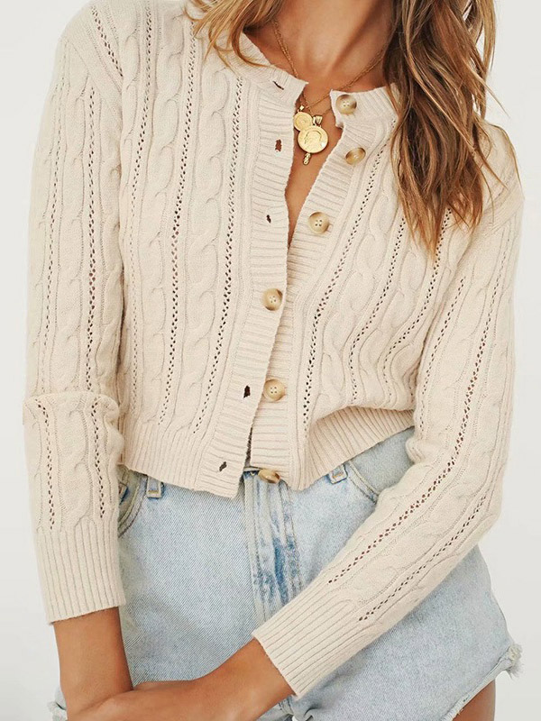 Beige Round Neck Cable Cardigan