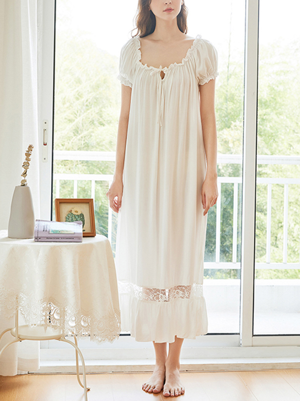 White Boat Neck Lace-up Cotton Dress