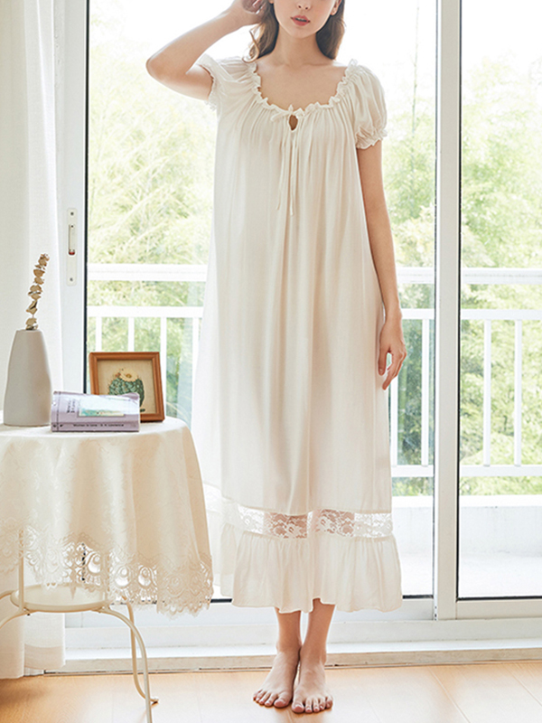 White Boat Neck Lace-up Cotton Dress