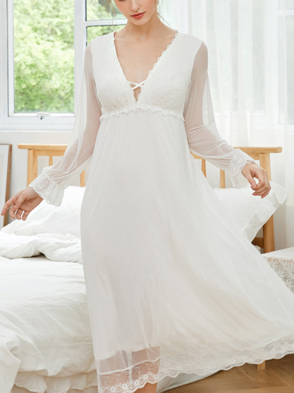 White V Neck Mesh Long Sleeves Nightgown