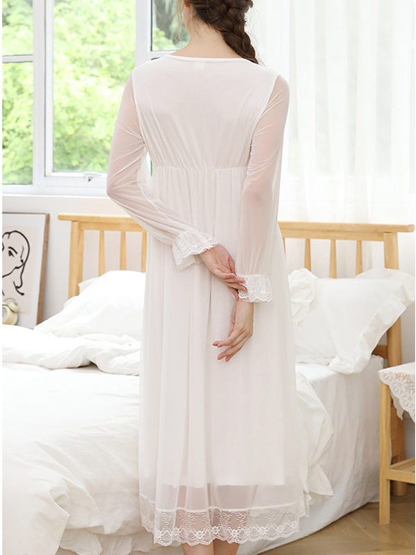 White V Neck Mesh Long Sleeves Nightgown