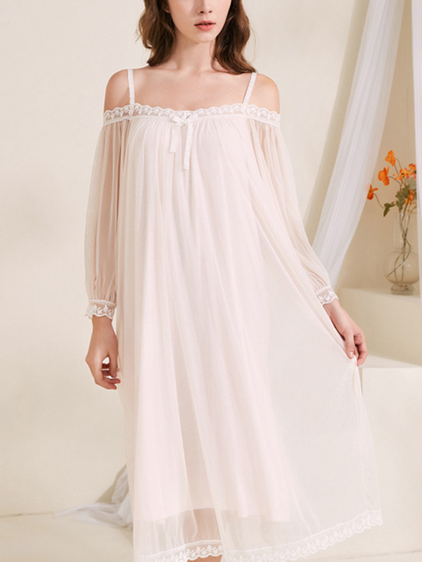 White Off-the-shoulder Mesh Long Sleeves Nightgown