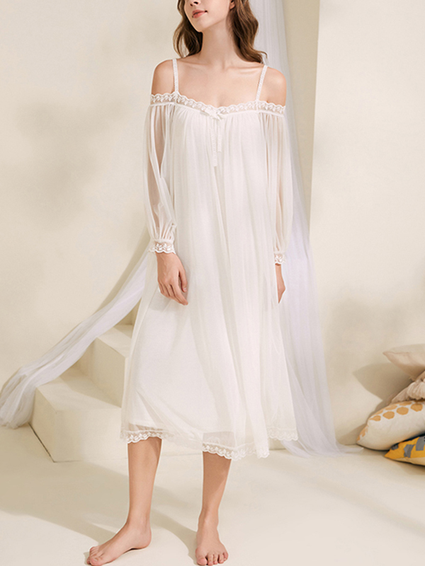 White Off-the-shoulder Mesh Long Sleeves Nightgown