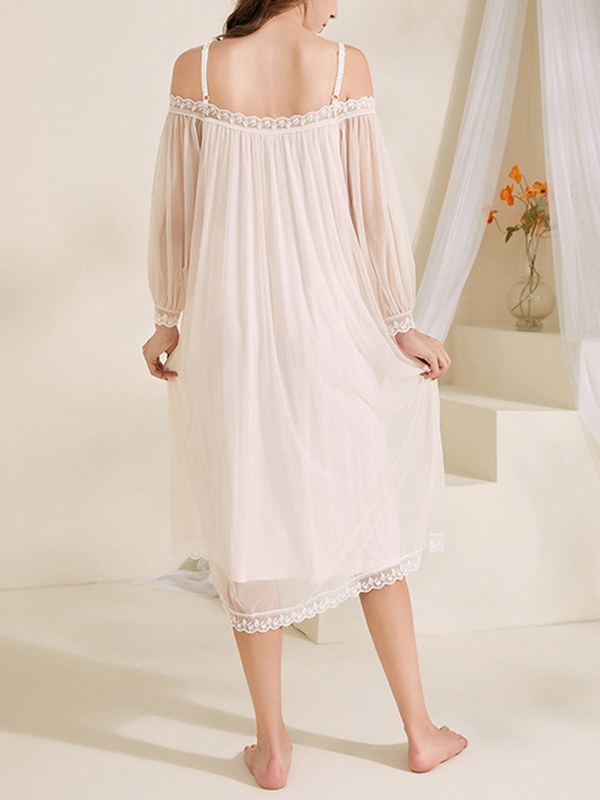 White Off-the-shoulder Mesh Long Sleeves Nightgown