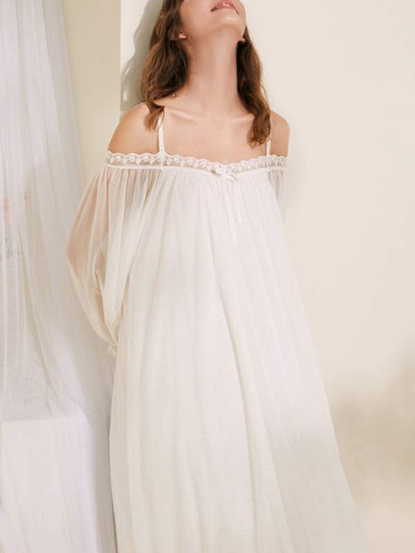 White Off-the-shoulder Mesh Long Sleeves Nightgown