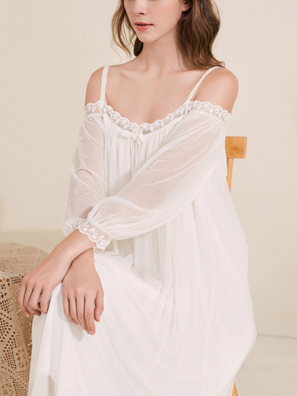 White Off-the-shoulder Mesh Long Sleeves Nightgown