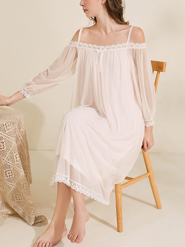 White Off-the-shoulder Mesh Long Sleeves Nightgown