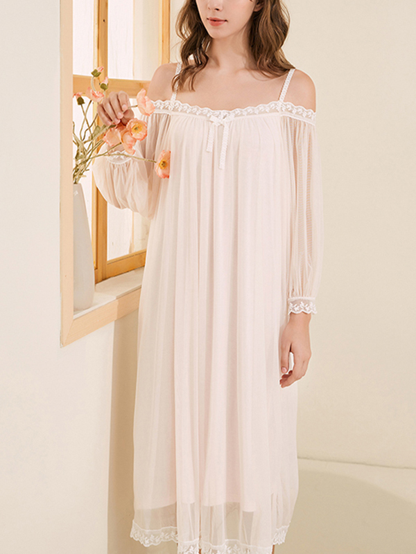 White Off-the-shoulder Mesh Long Sleeves Nightgown