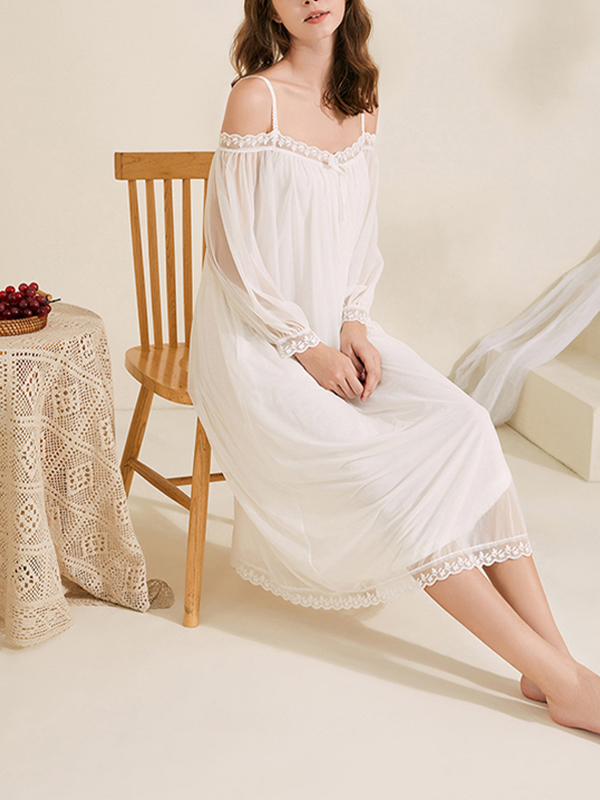 White Off-the-shoulder Mesh Long Sleeves Nightgown