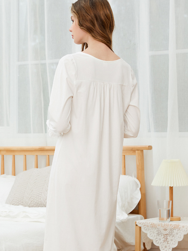 White Square Neck Long Sleeves Cotton Nightdress