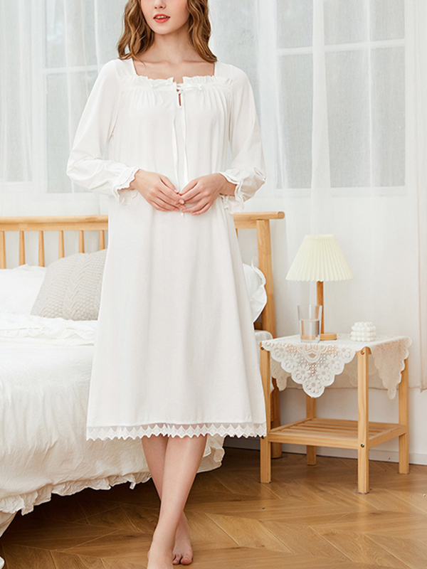 White Square Neck Long Sleeves Cotton Nightdress