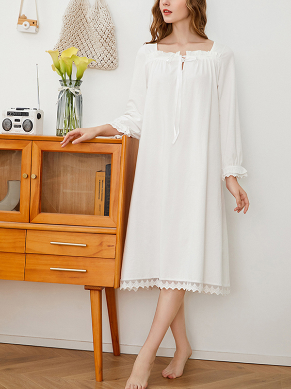 White Square Neck Long Sleeves Cotton Nightdress