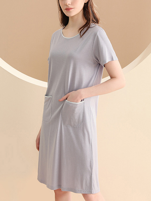 Round Neck Short Sleeved Sleepdress with Pockets