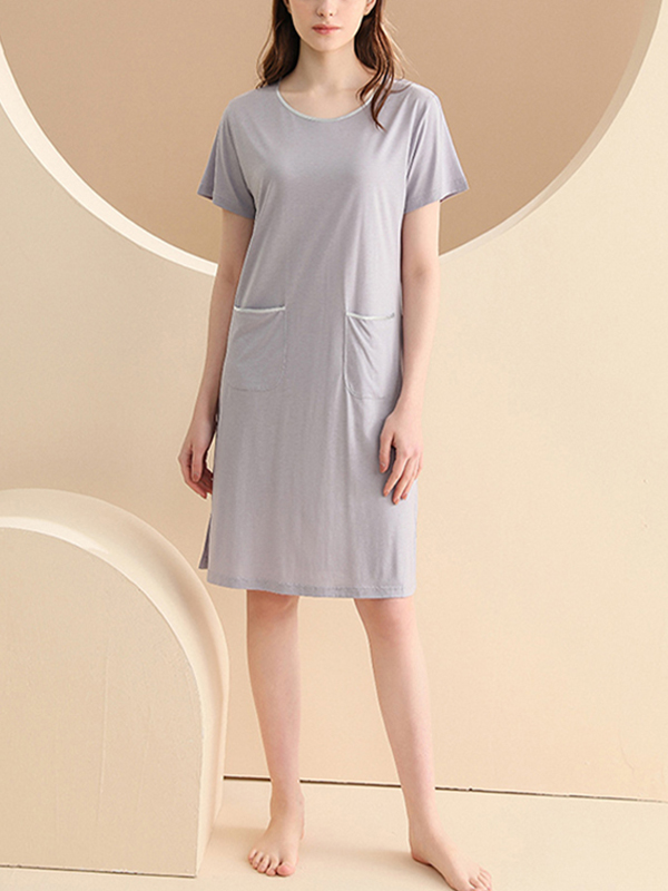 Round Neck Short Sleeved Sleepdress with Pockets