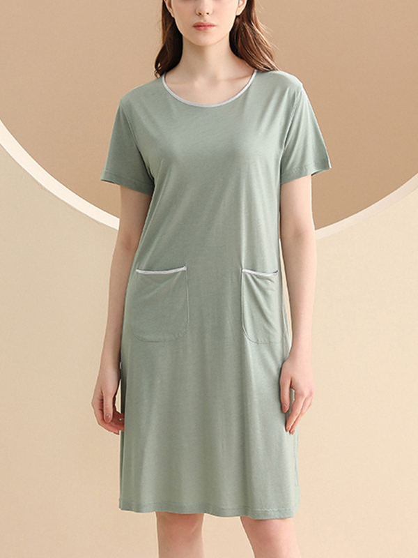 Green Round Neck Short Sleeved Sleepdress with Pockets