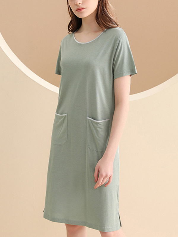 Green Round Neck Short Sleeved Sleepdress with Pockets