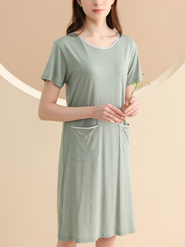 Green Round Neck Short Sleeved Sleepdress with Pockets