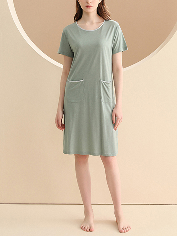 Green Round Neck Short Sleeved Sleepdress with Pockets