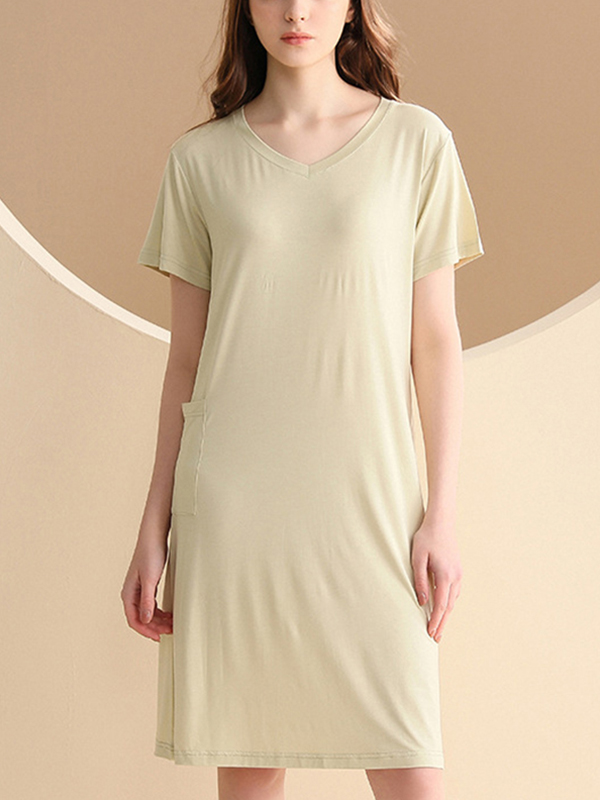 Light Green V-neck Short Sleeved Split Sleepdress