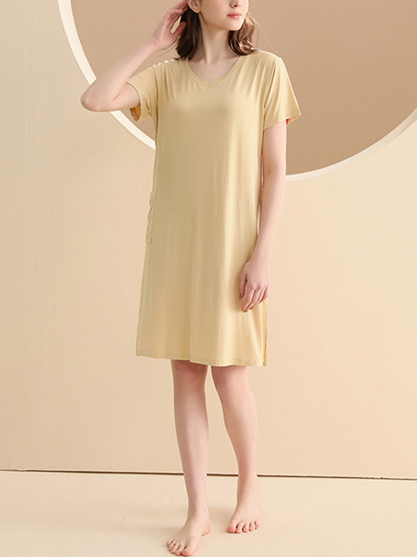 Yellow V-neck Short Sleeved Split Sleepdress