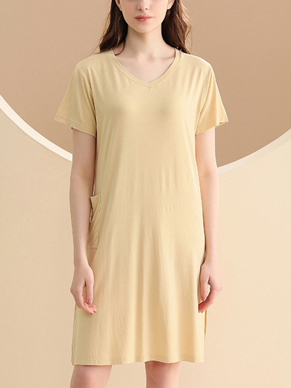 Yellow V-neck Short Sleeved Split Sleepdress