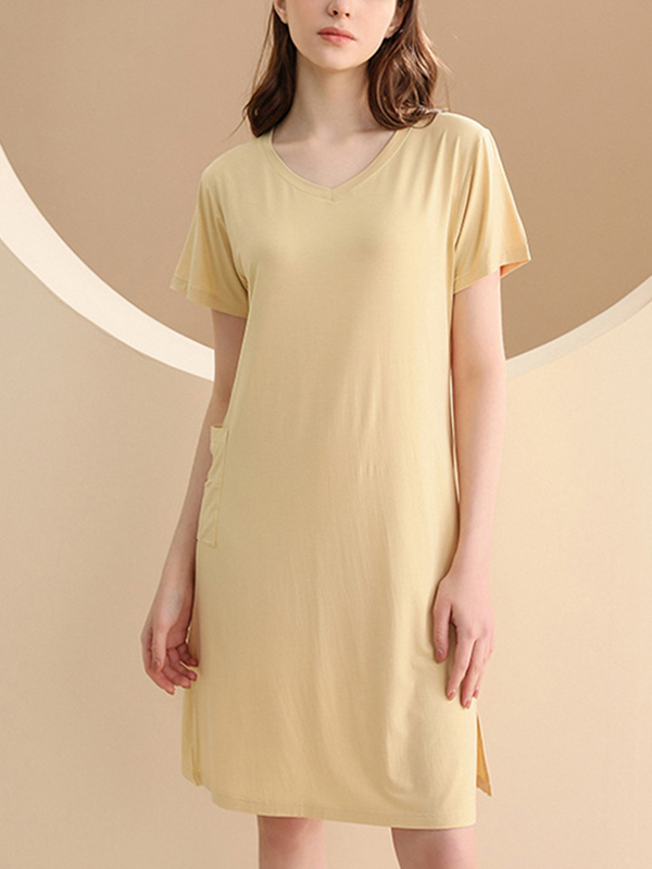 Yellow V-neck Short Sleeved Split Sleepdress