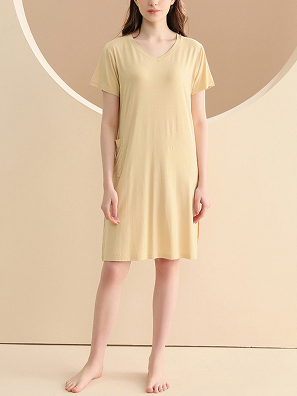 Yellow V-neck Short Sleeved Split Sleepdress