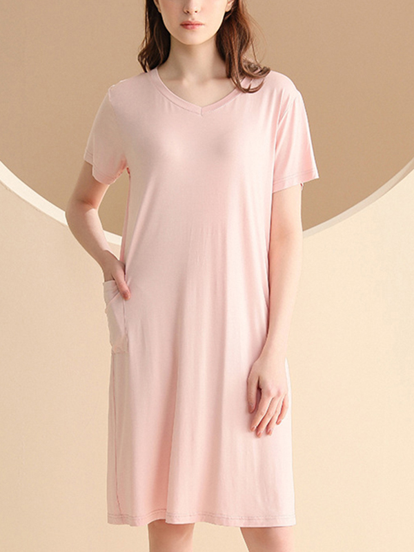 Pink V-neck Short Sleeved Split Sleepdress