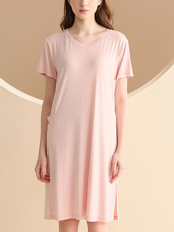 Pink V-neck Short Sleeved Split Sleepdress