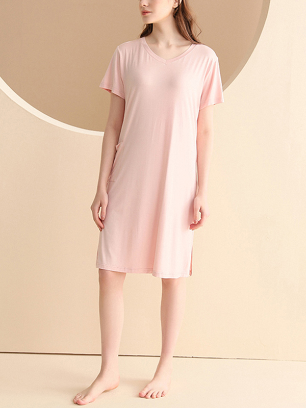 Pink V-neck Short Sleeved Split Sleepdress