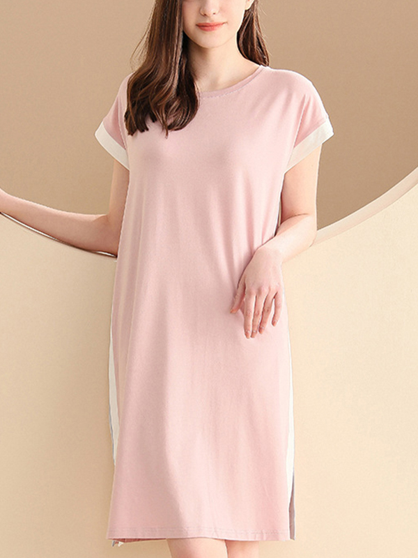 Pink Color Block Short Sleeved Split Sleepdress