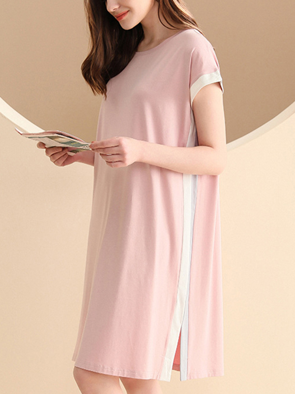 Pink Color Block Short Sleeved Split Sleepdress