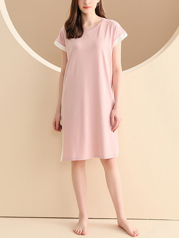 Pink Color Block Short Sleeved Split Sleepdress