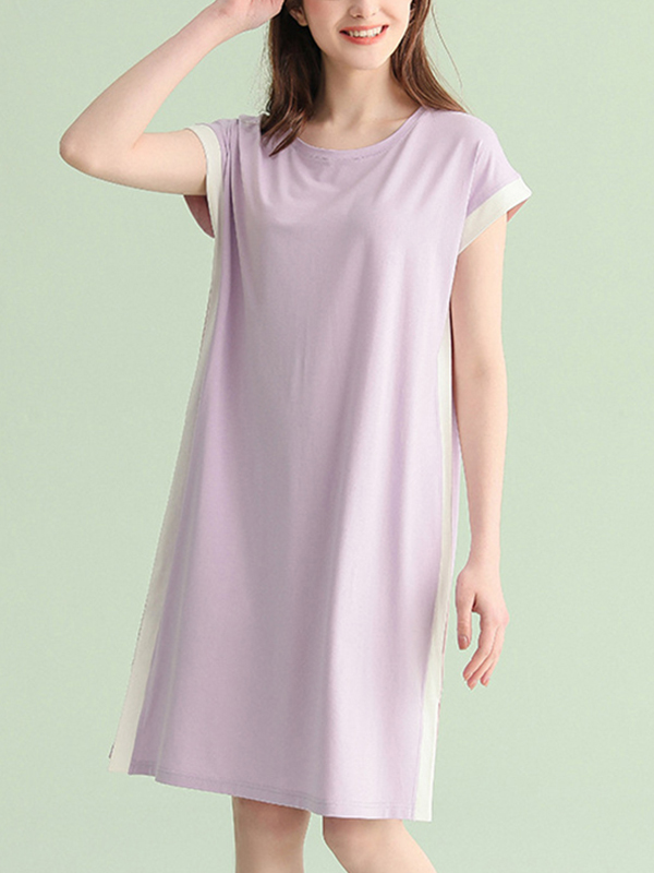 Purple Color Block Short Sleeved Split Sleepdress