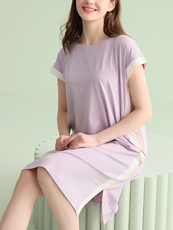 Purple Color Block Short Sleeved Split Sleepdress