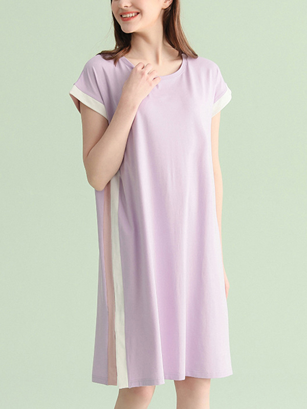 Purple Color Block Short Sleeved Split Sleepdress