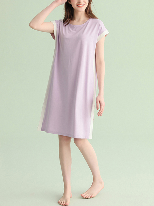 Purple Color Block Short Sleeved Split Sleepdress