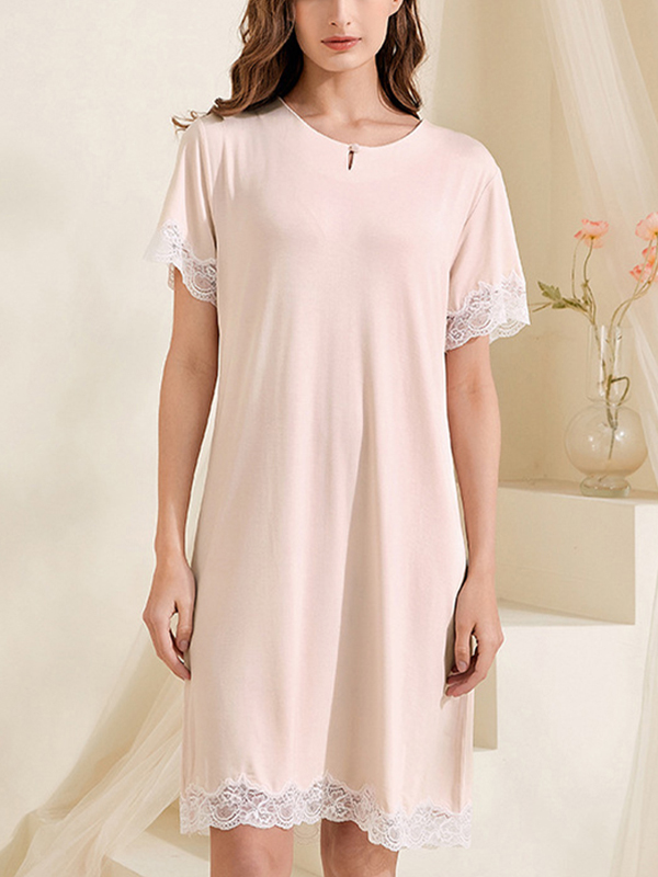 Pink Round Neck Lace Trimmed Sleepdress