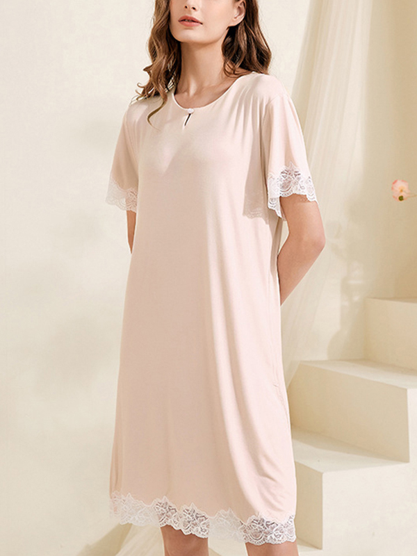 Pink Round Neck Lace Trimmed Sleepdress