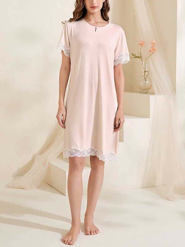 Pink Round Neck Lace Trimmed Sleepdress