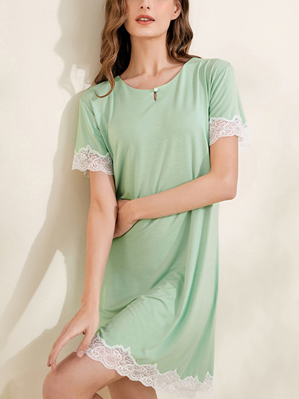 Green Round Neck Lace Trimmed Sleepdress