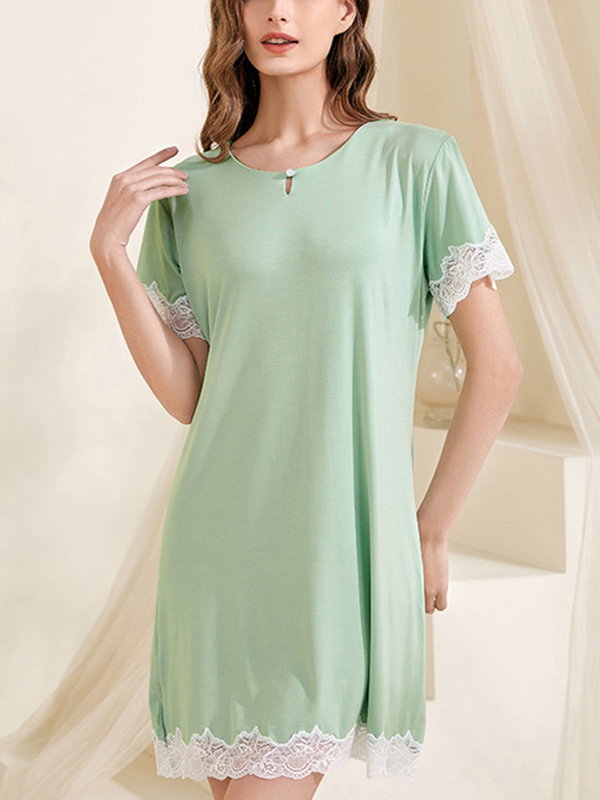 Green Round Neck Lace Trimmed Sleepdress