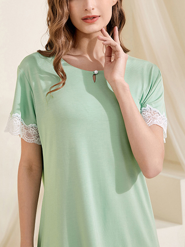 Green Round Neck Lace Trimmed Sleepdress