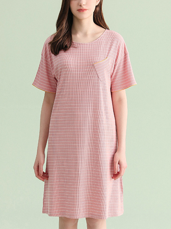 Pink Round Neck Striped Sleepdress