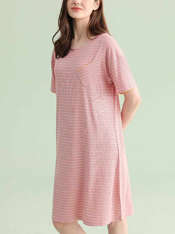 Pink Round Neck Striped Sleepdress