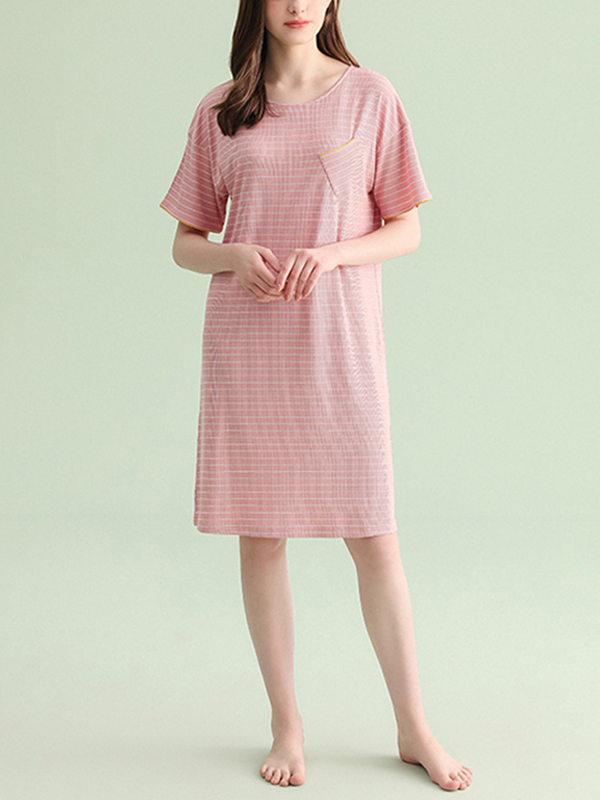 Pink Round Neck Striped Sleepdress